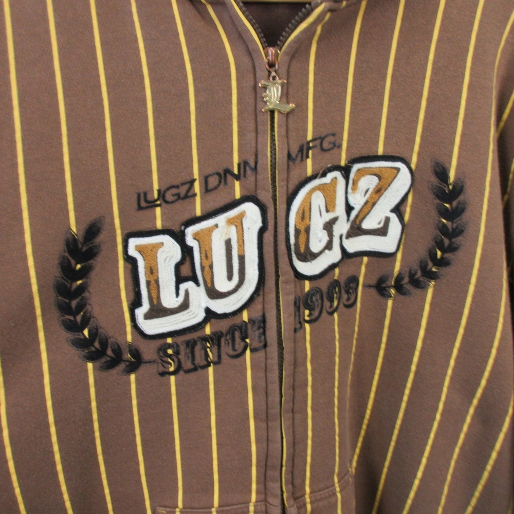 Vtg Y2K Lugz Denim Hoodie Men XL Brown Yellow Striped Logo Skater 1070 - Picture 8 of 16
